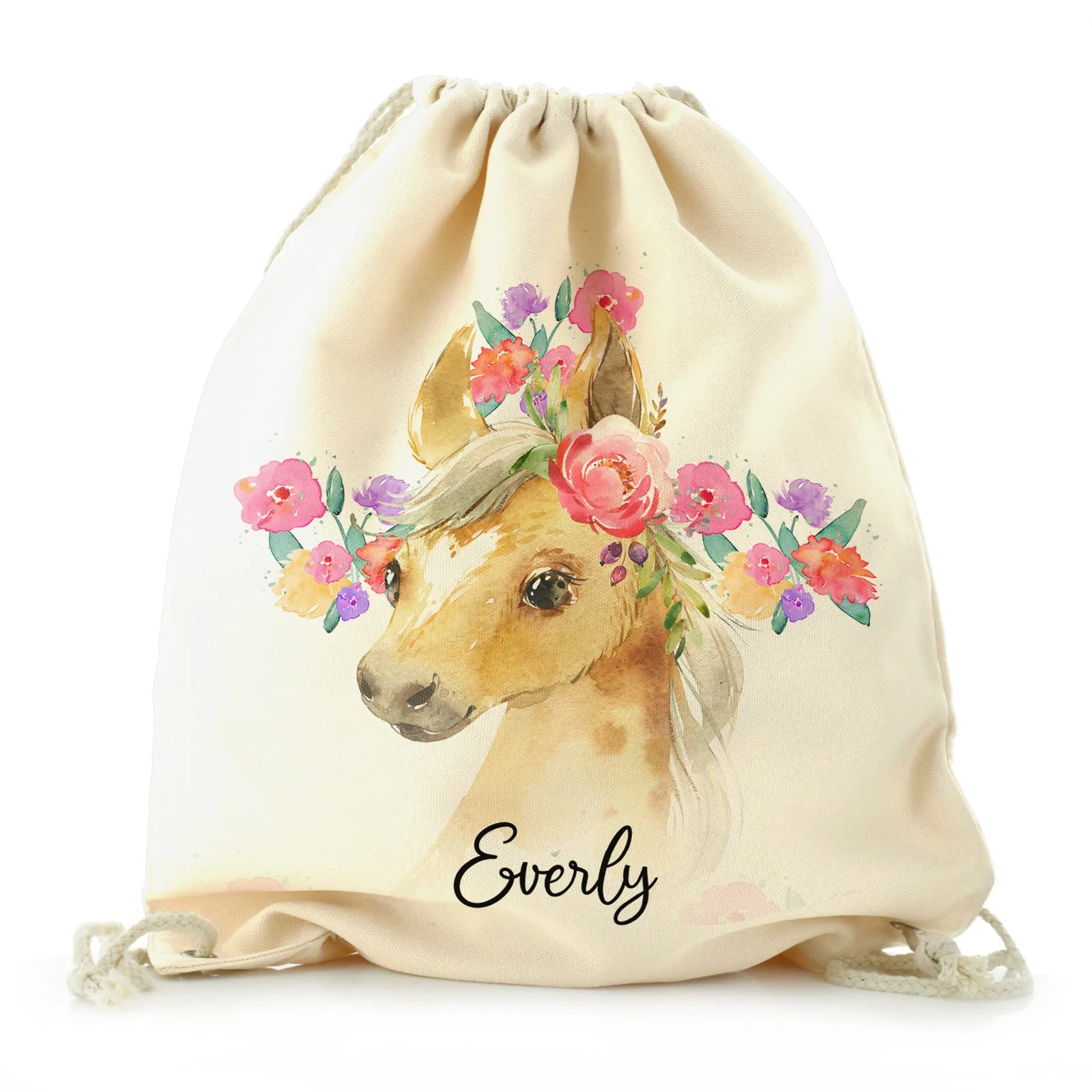 Personalised Canvas Drawstring Backpack with Palomino Horse Multicolour Flower Print and Cute Text