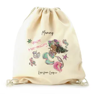 Personalised Canvas Drawstring Backpack with Stylish Text and Mermaid Love Message