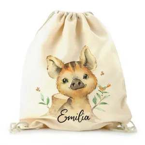 Personalised Canvas Drawstring Backpack with Wild Boar Piglet with Bird and Bees and Cute Text