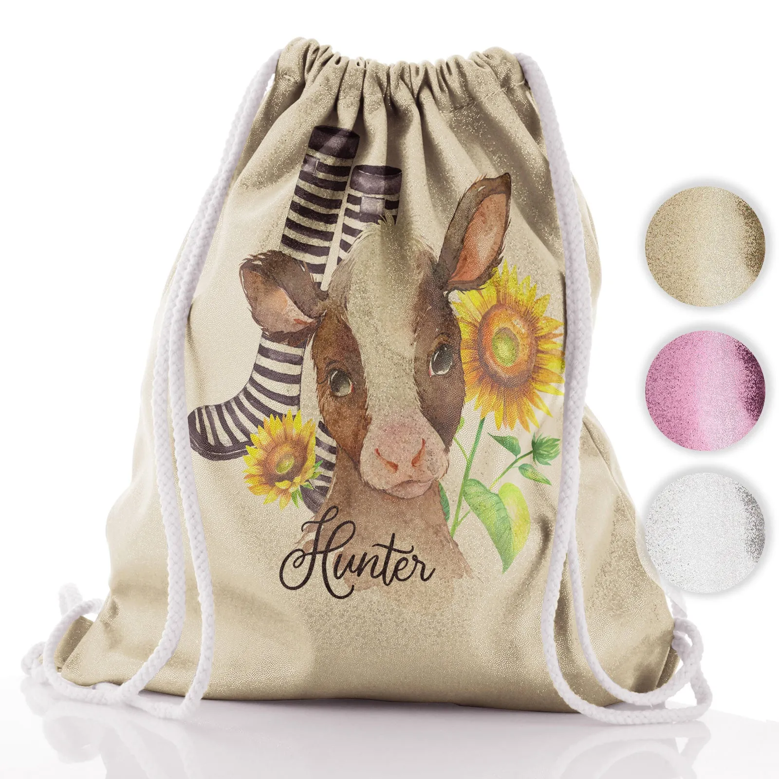 Personalised Glitter Drawstring Backpack with Brown Cow Yellow Sunflowers and Cute Text