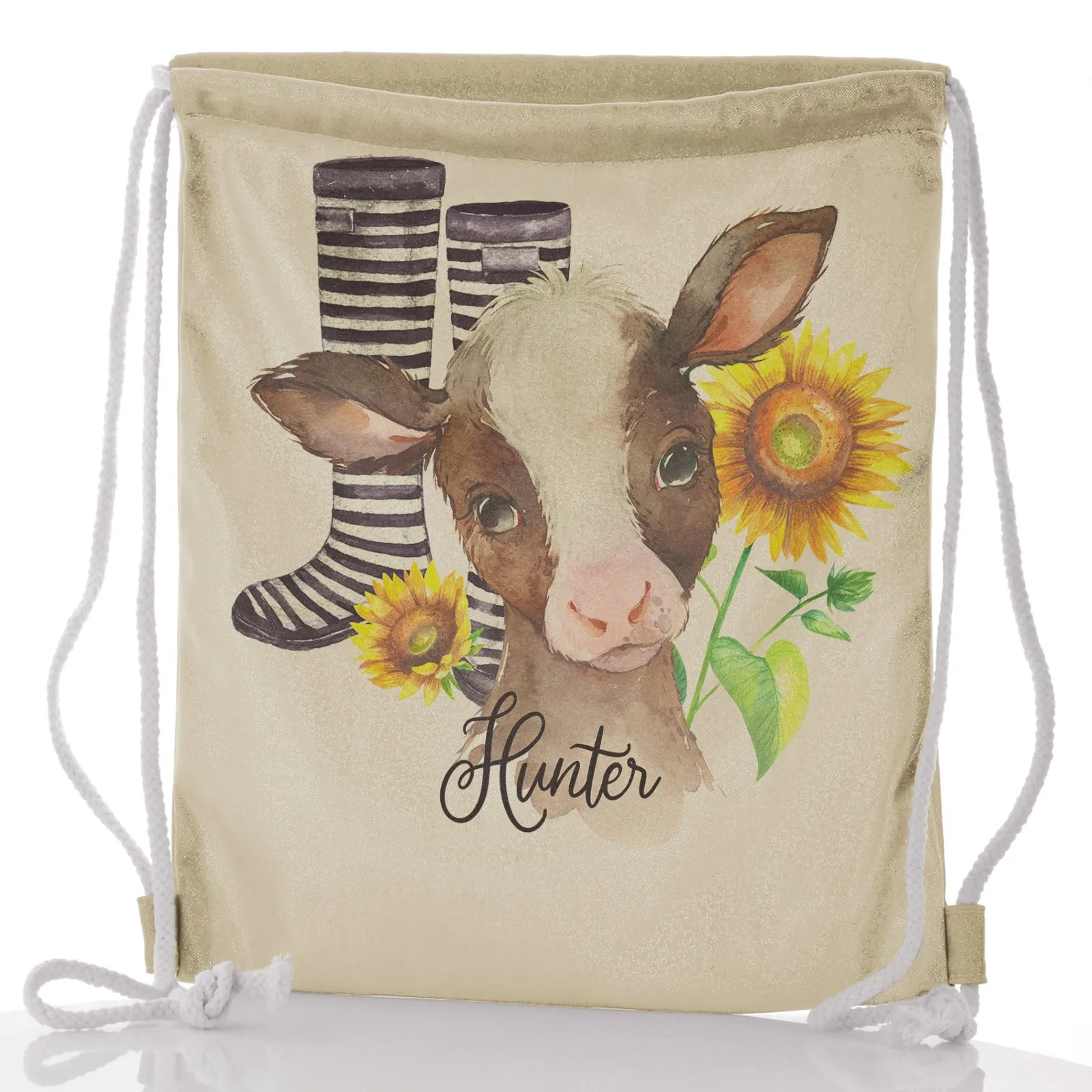 Personalised Glitter Drawstring Backpack with Brown Cow Yellow Sunflowers and Cute Text