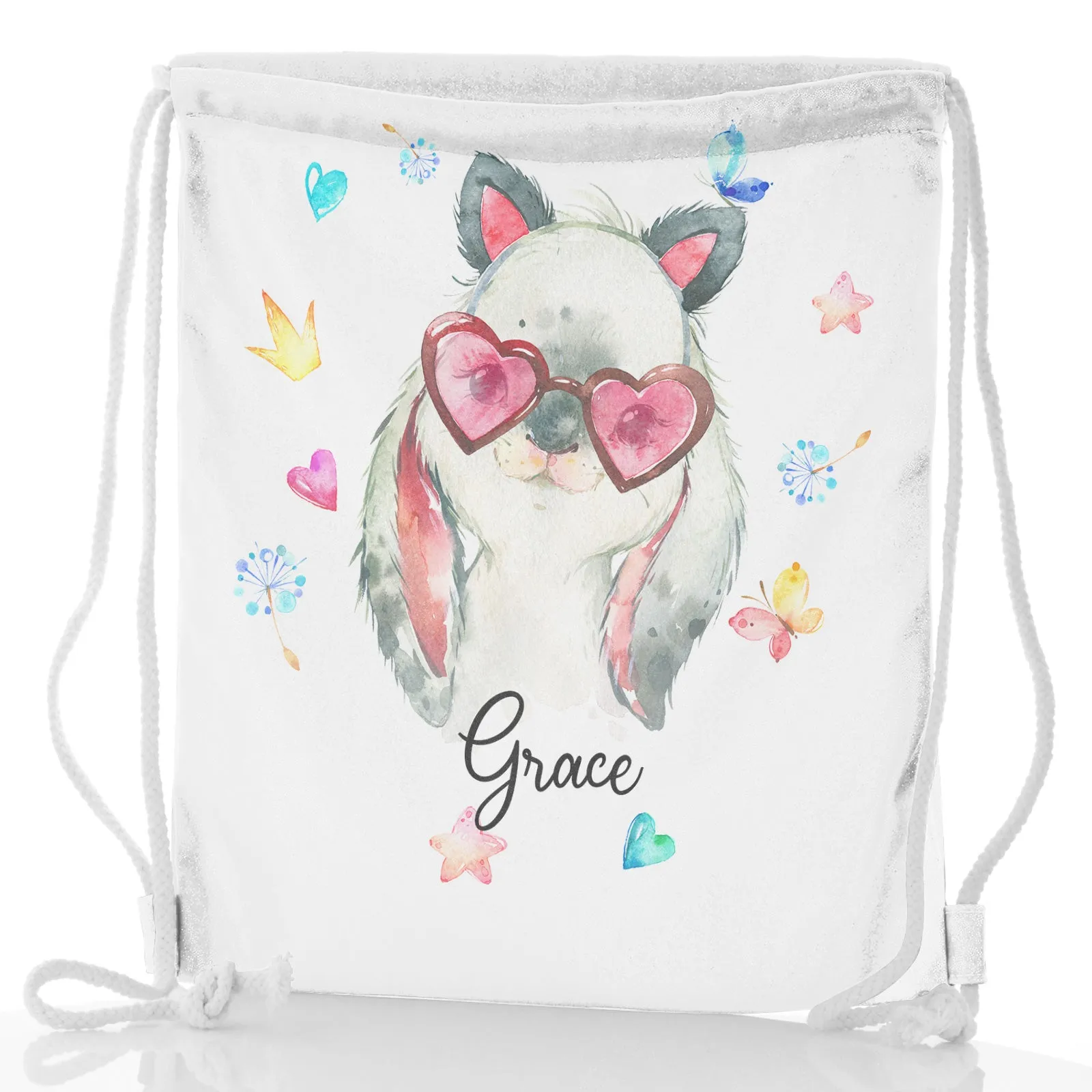 Personalised Glitter Drawstring Backpack with Grey Rabbit with Cat ears and Pink Heart Glasses and Cute Text
