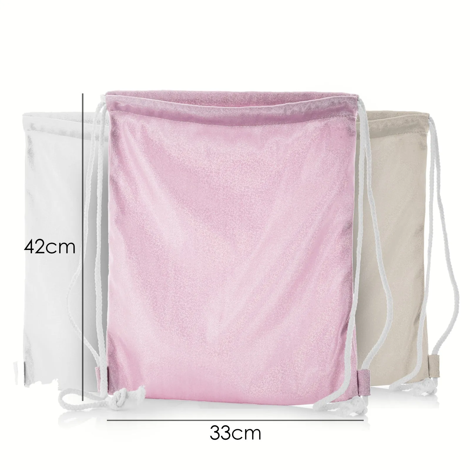 Personalised Glitter Drawstring Backpack with Grey Rabbit with Cat ears and Pink Heart Glasses and Cute Text