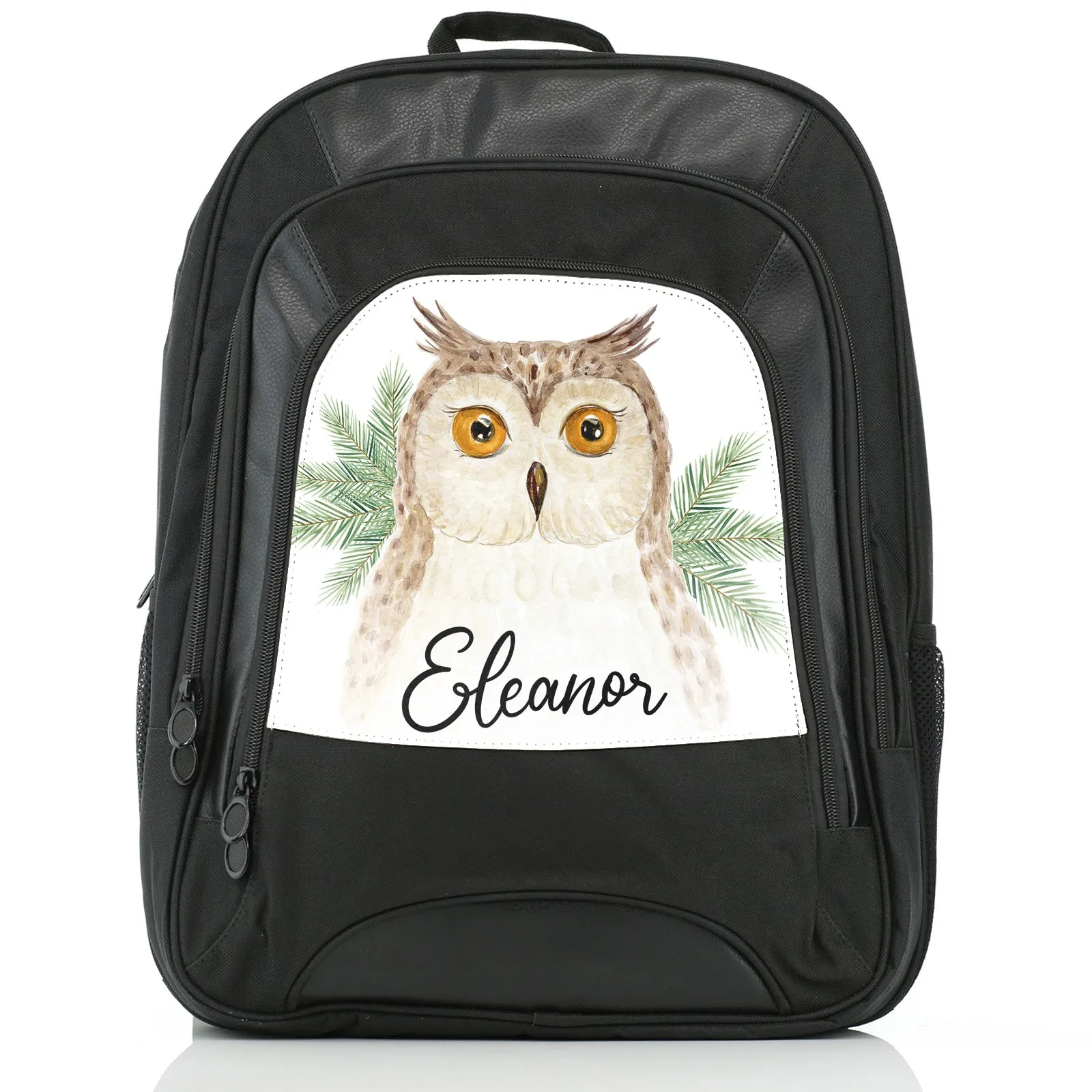 Personalised Rucksack with Brown Owl Pine Tree and Cute Text