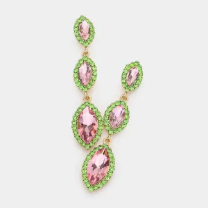 Pink & Green Crystal Triple Marquise Drop Dangle Pageant Earrings | Prom Jewelry | 563197