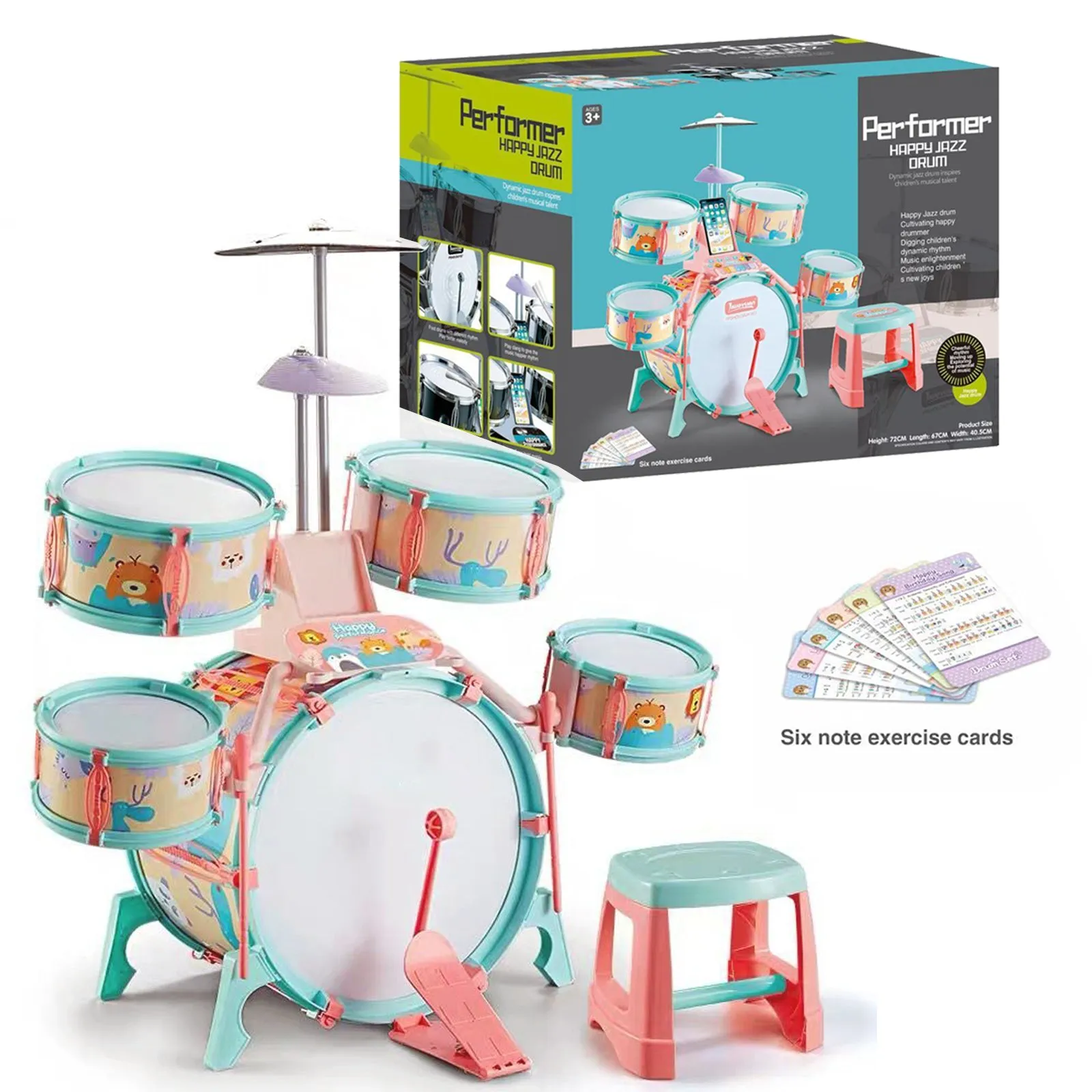 Pink and Green Multi functional Kids Jazz Drum Set 