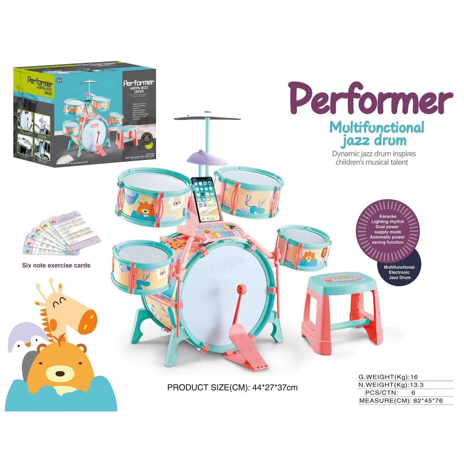 Pink and Green Multi functional Kids Jazz Drum Set 