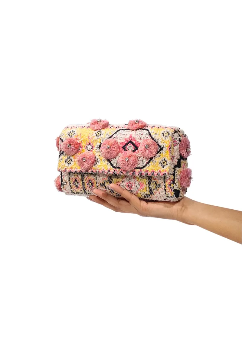 Pink Pom Pom Stone Studded Cross Body Clutch