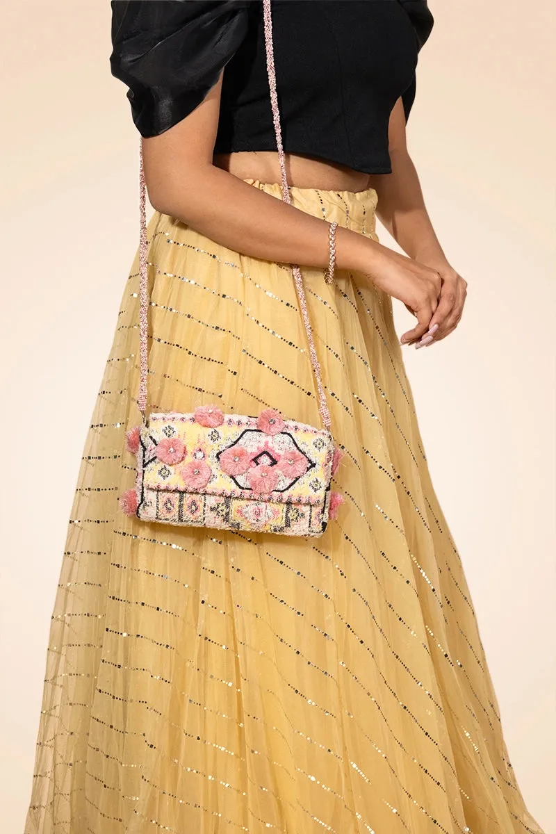 Pink Pom Pom Stone Studded Cross Body Clutch