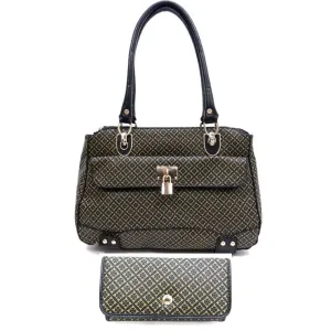 polka signature satchel Bag wallet Purse set Black beige ALBA lock embossed