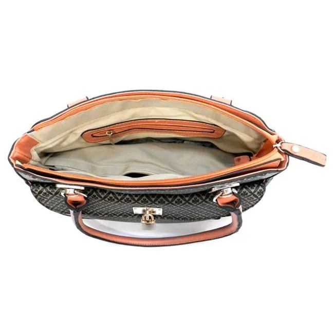 polka signature satchel Bag wallet Purse set Black beige ALBA lock embossed