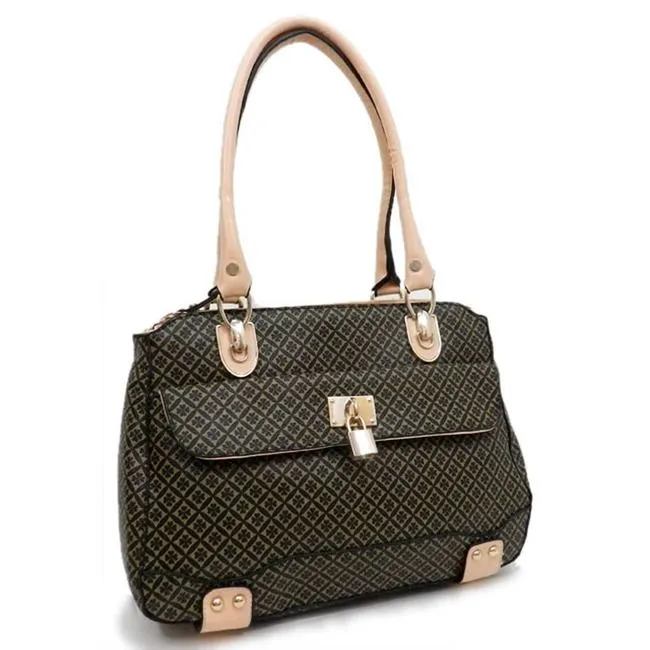 polka signature satchel Bag wallet Purse set Black beige ALBA lock embossed