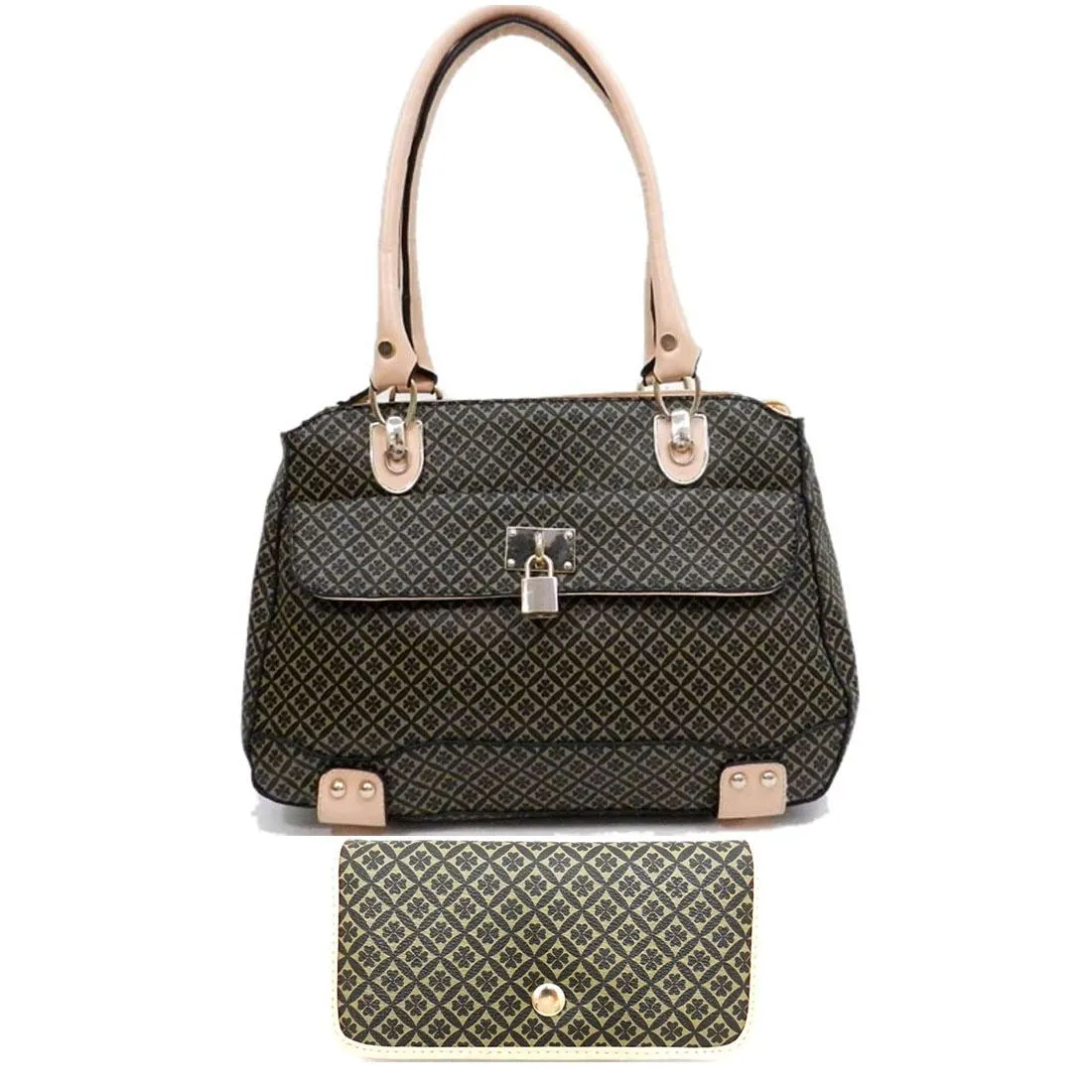 polka signature satchel Bag wallet Purse set Black beige ALBA lock embossed