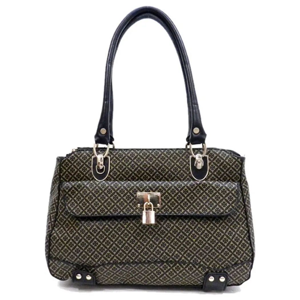 polka signature satchel Bag wallet Purse set Black beige ALBA lock embossed