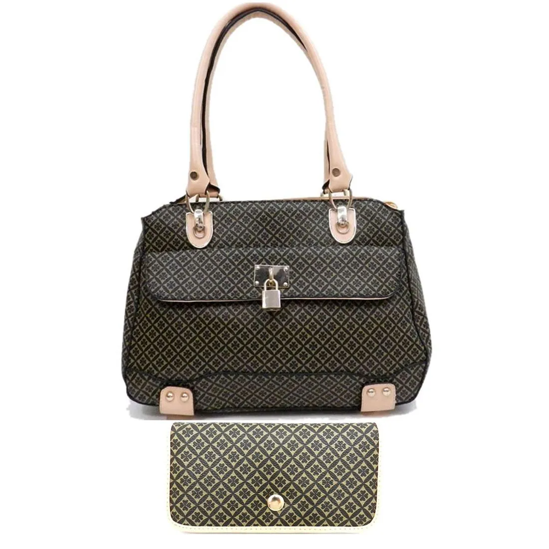 polka signature satchel Bag wallet Purse set Black beige ALBA lock embossed