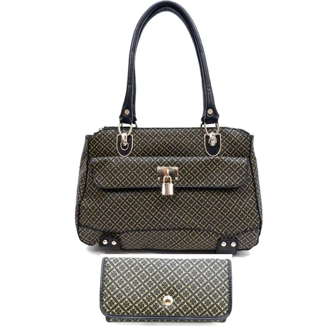 polka signature satchel Bag wallet Purse set Black beige ALBA lock embossed