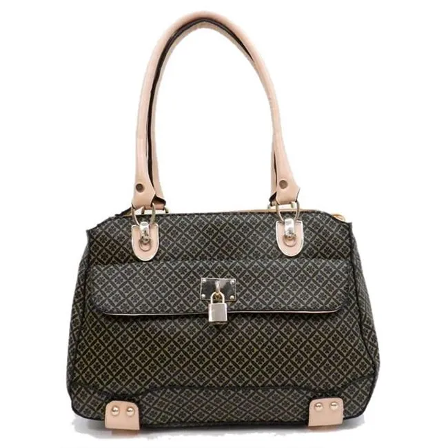 polka signature satchel Bag wallet Purse set Black beige ALBA lock embossed