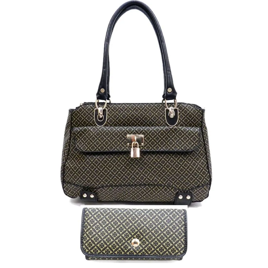polka signature satchel Bag wallet Purse set Black beige ALBA lock embossed