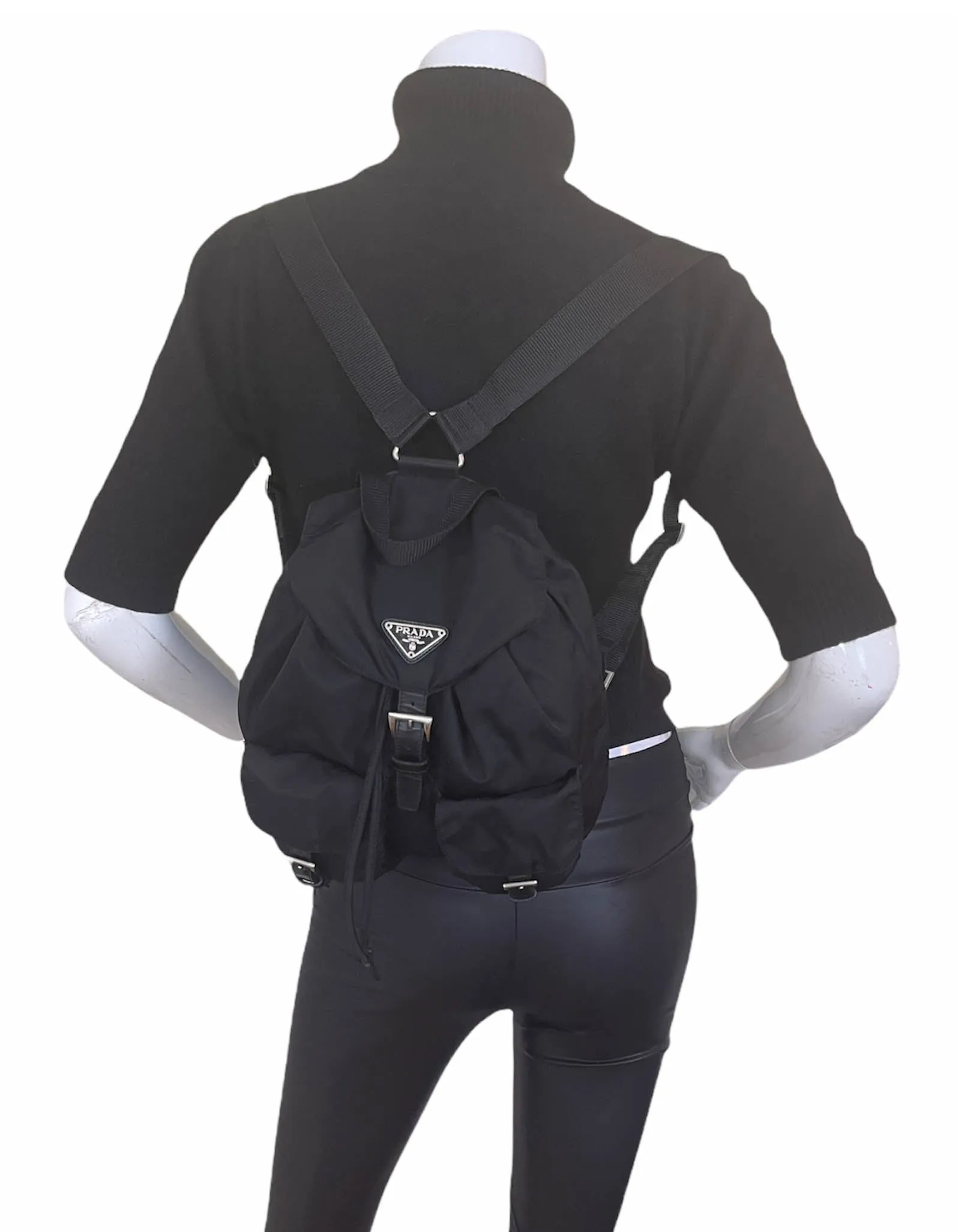 Prada Black Nylon Small Backpack Bag w/ Front Buckle Pockets