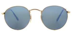 Ray-Ban RB 3447N 001/9O Round Metal Gold Sunglasses with Light Blue Flat Flash Lens