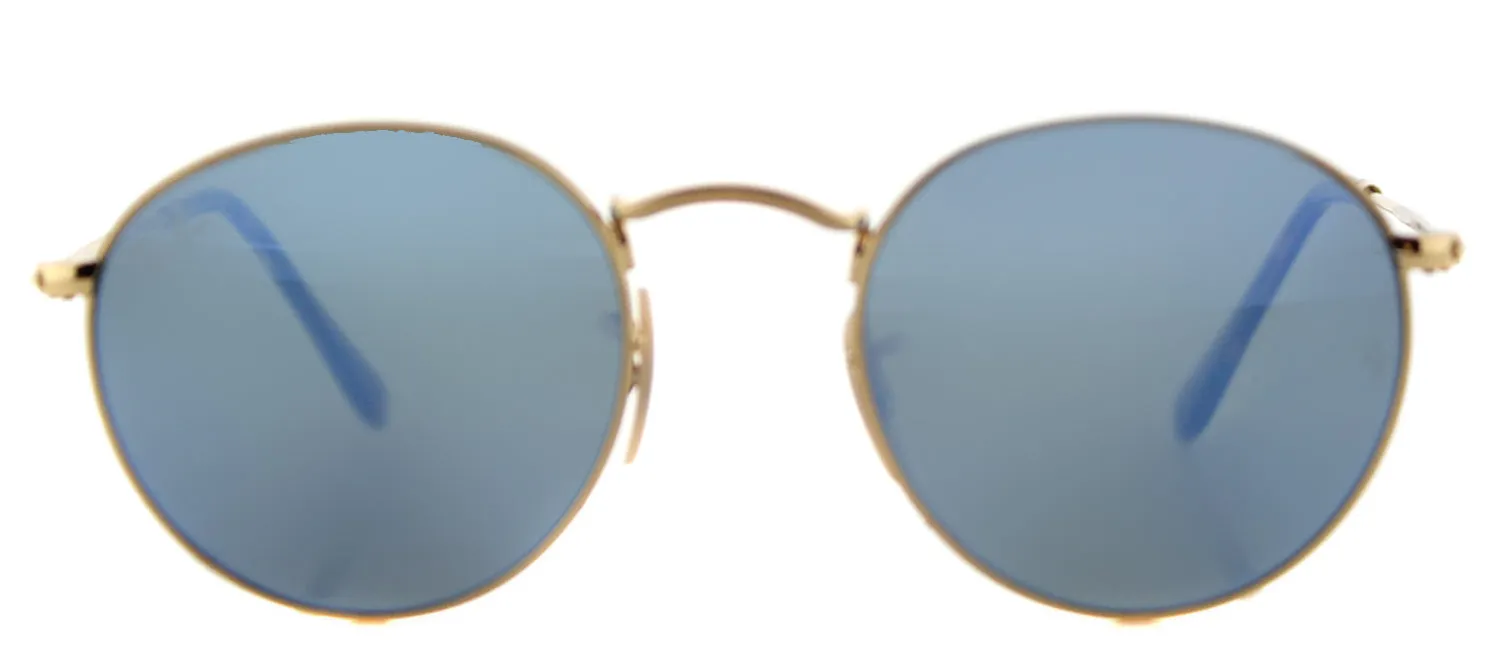 Ray-Ban RB 3447N 001/9O Round Metal Gold Sunglasses with Light Blue Flat Flash Lens