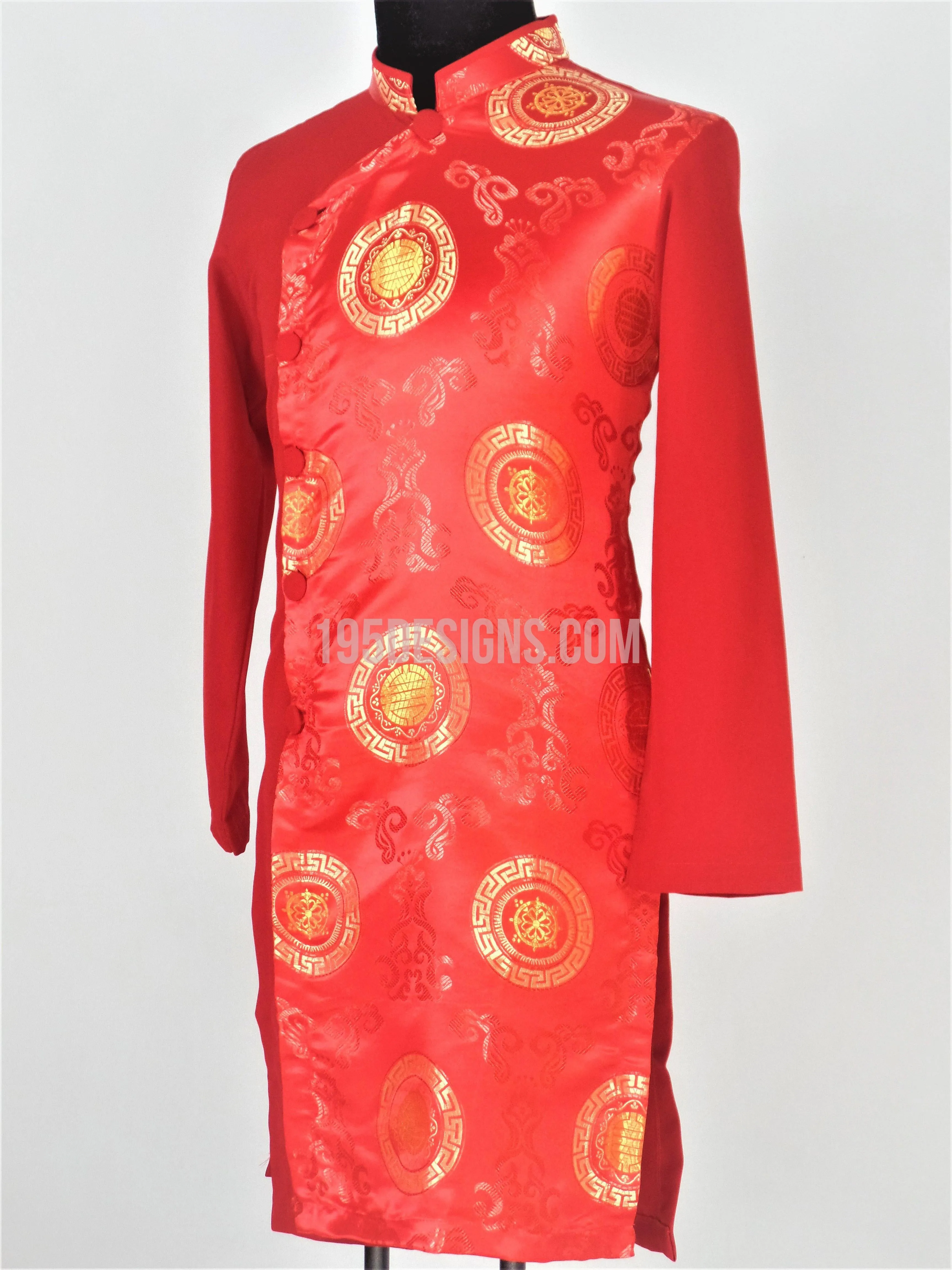 Red Ao Dai Men -  Áo Dài Nam Gấm Đỏ Pha