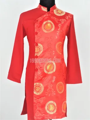 Red Ao Dai Men -  Áo Dài Nam Gấm Đỏ Pha