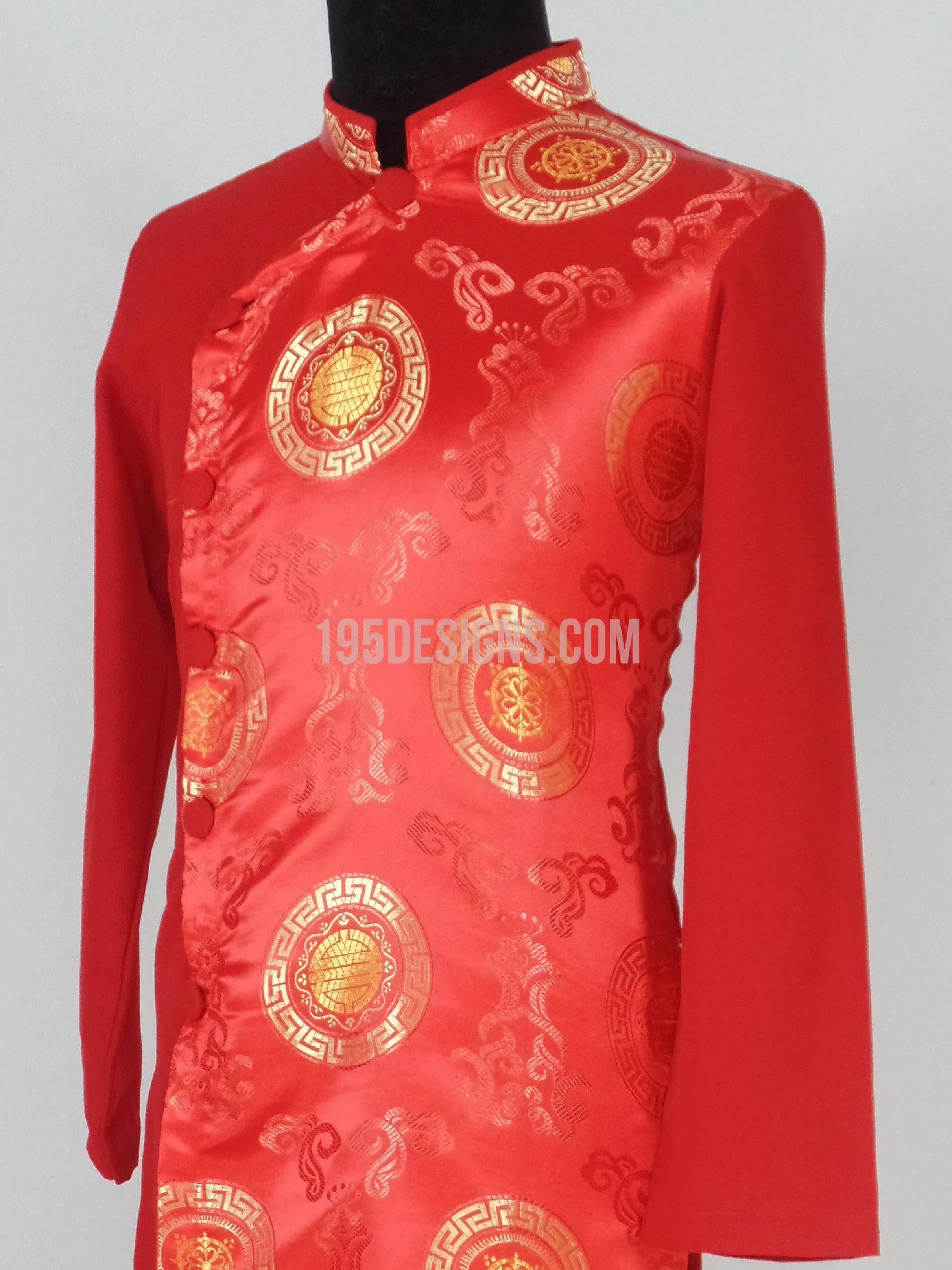 Red Ao Dai Men -  Áo Dài Nam Gấm Đỏ Pha