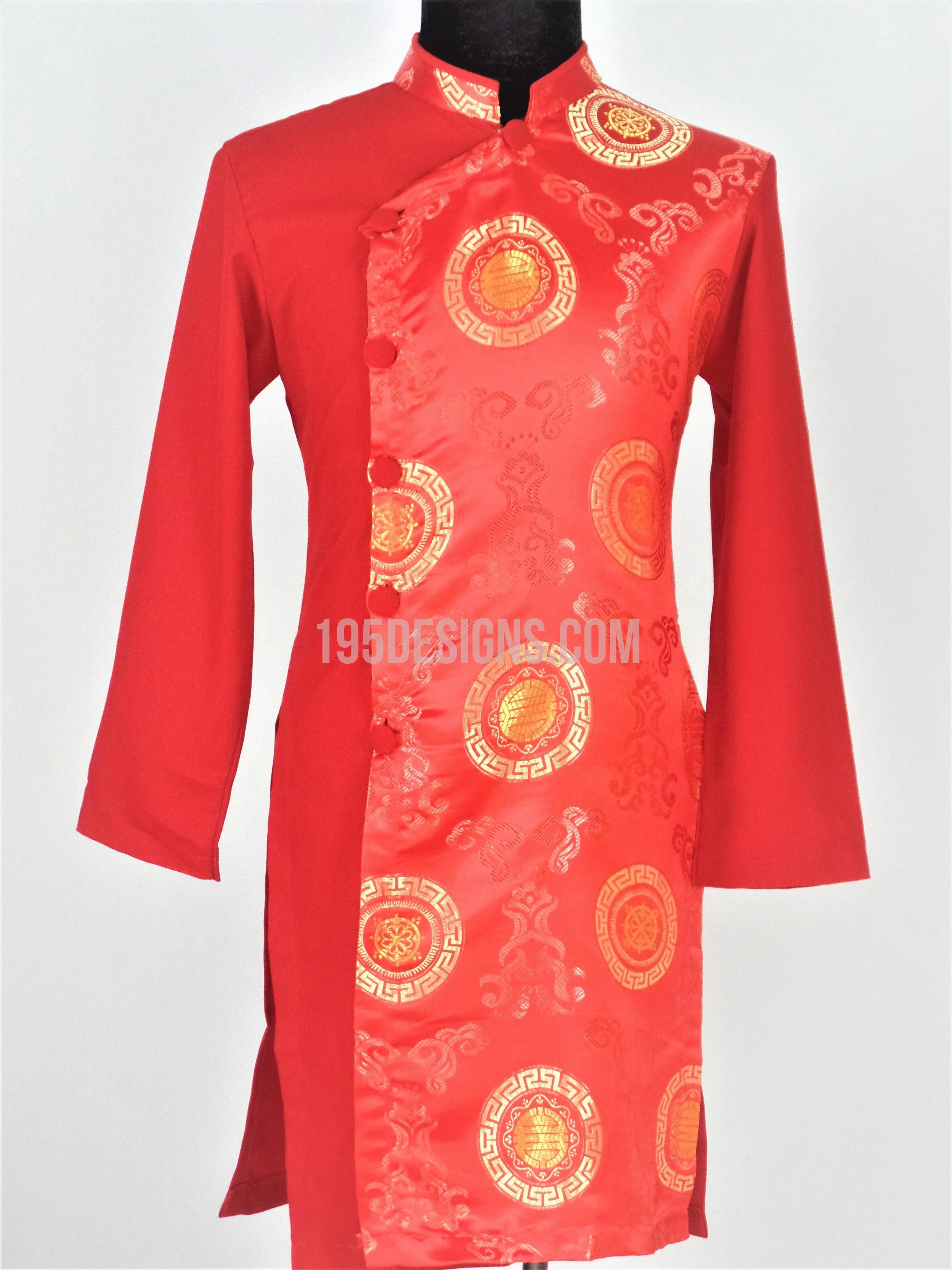 Red Ao Dai Men -  Áo Dài Nam Gấm Đỏ Pha