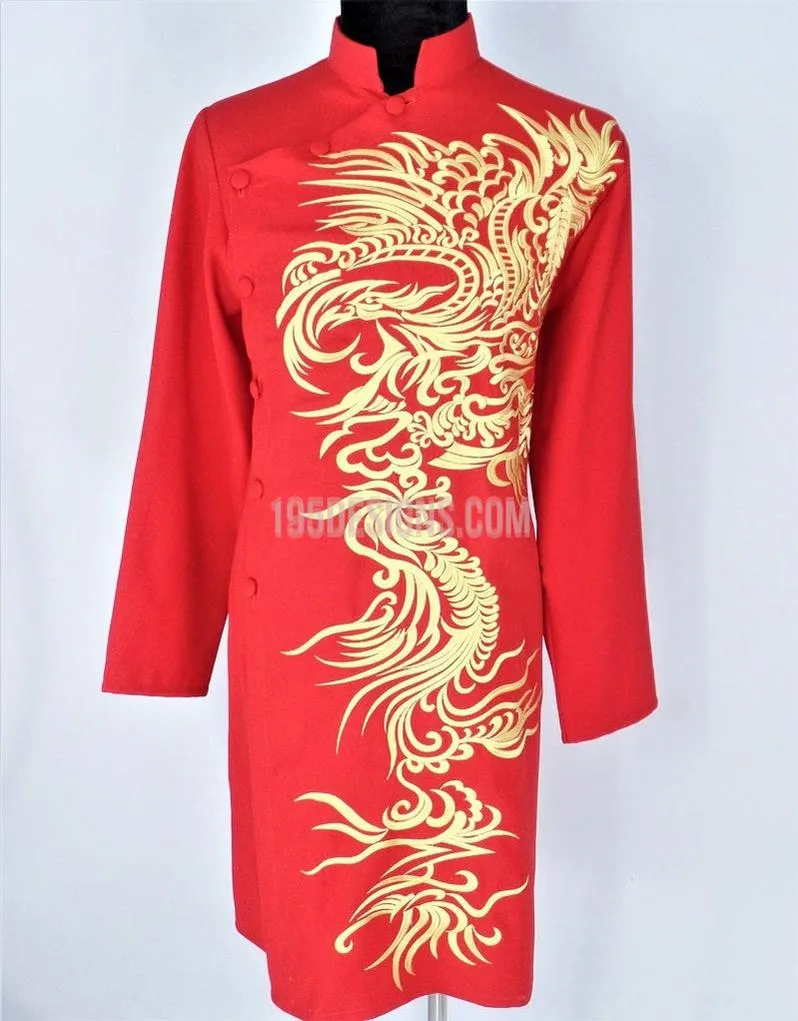 Red Ao Dai Men -  Áo Dài Đỏ Nam Thêu Rồng Vải Co Giản Nhẹ