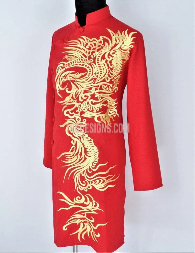 Red Ao Dai Men -  Áo Dài Đỏ Nam Thêu Rồng Vải Co Giản Nhẹ