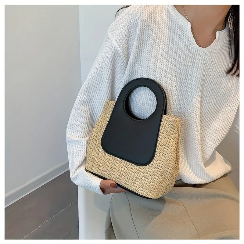 Retro Colorblock Straw Bag, Woven Simple Fashion Handbag, Casual Satchel Holiday Bag