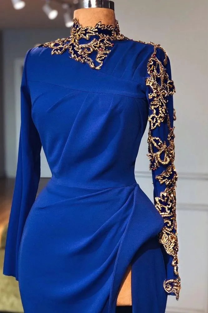 Royal Blue High Neck Side Slit Mermaid Prom Dresses Elegant Long Sleevess Appliques Evening Gowns