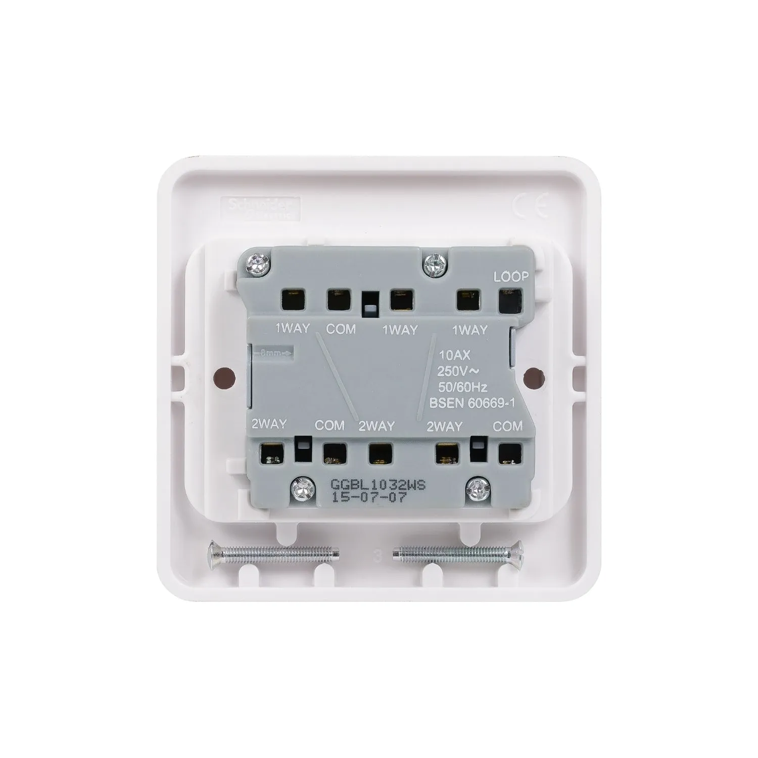 Schneider Electric GGBL1032WS Lisse White Moulded 10AX 3G 2-Way Wide Rocker Switch (Display Packaged)