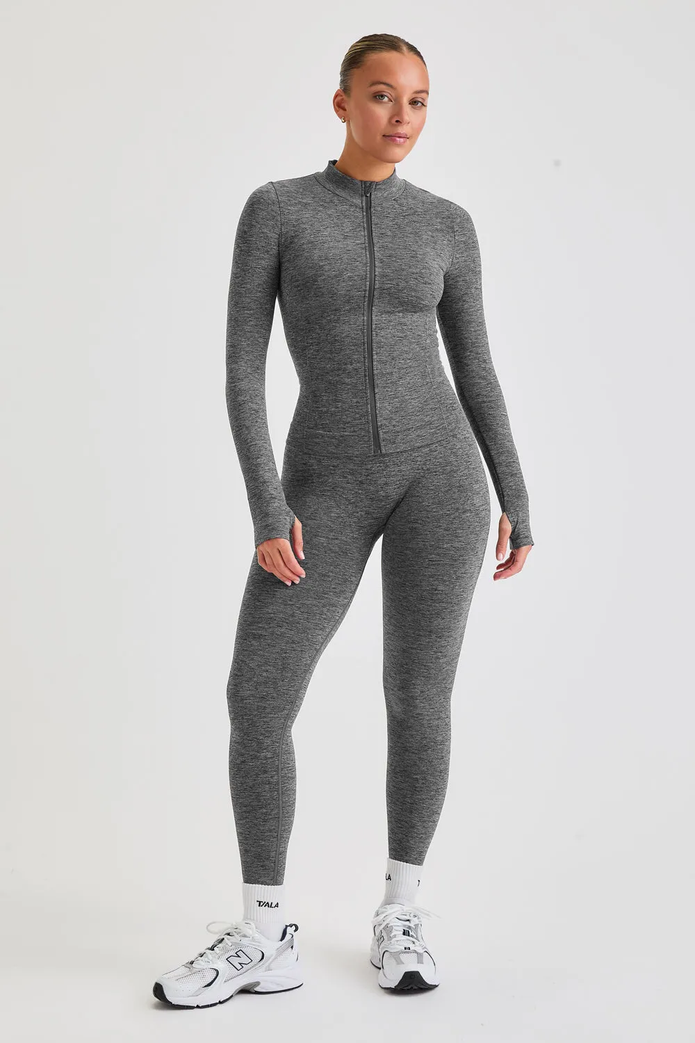 SCULPT SEAMLESS ZIP THROUGH LONGLINE JACKET - CHARCOAL MARL