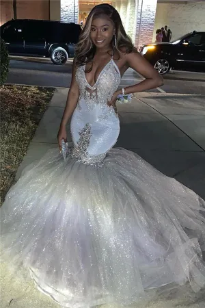 Sexy Deep V-neck Tulle Mermaid Prom Dress Sequins Long With Spaghetti Straps