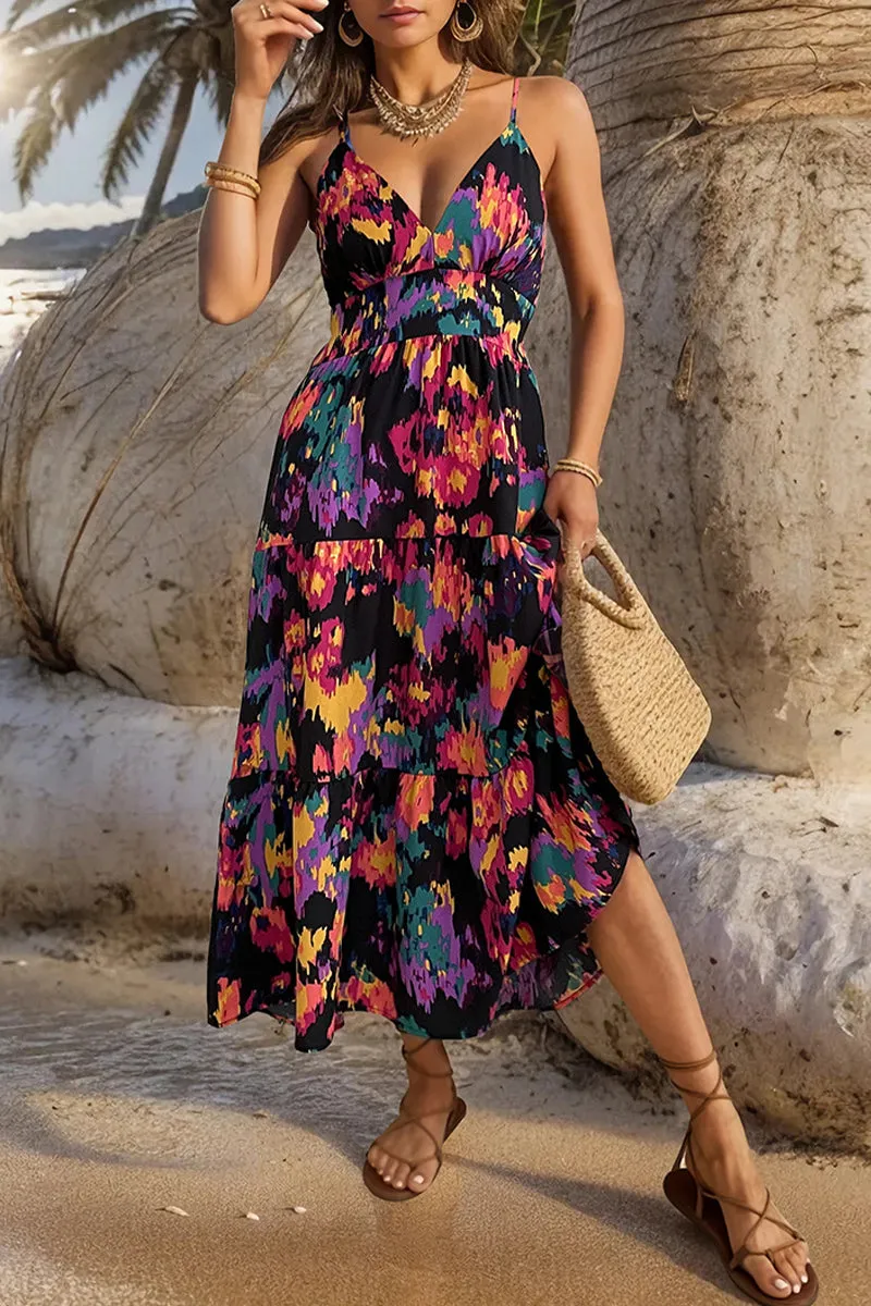 Sexy Print Backless V Neck Sling Dress Dresses