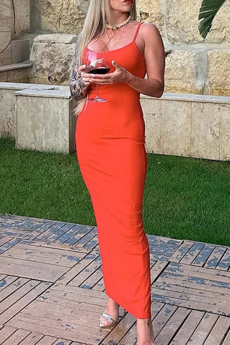 Sexy Solid Color Slit U Neck Sling Dresses