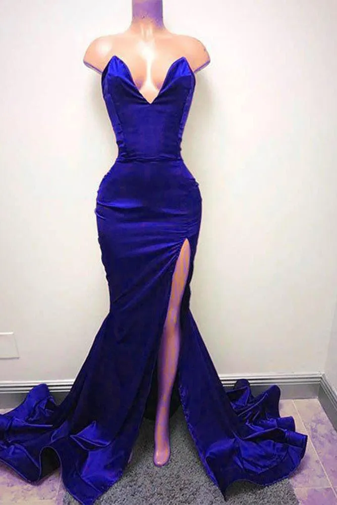 Sexy V-neck Chiffon Mermaid Prom Dress Long With Split Burgundy