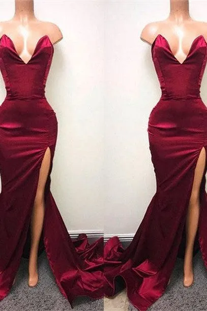 Sexy V-neck Chiffon Mermaid Prom Dress Long With Split Burgundy