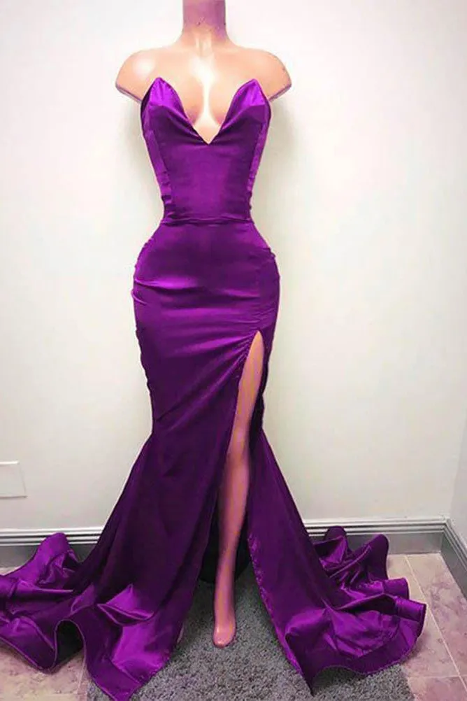 Sexy V-neck Chiffon Mermaid Prom Dress Long With Split Burgundy