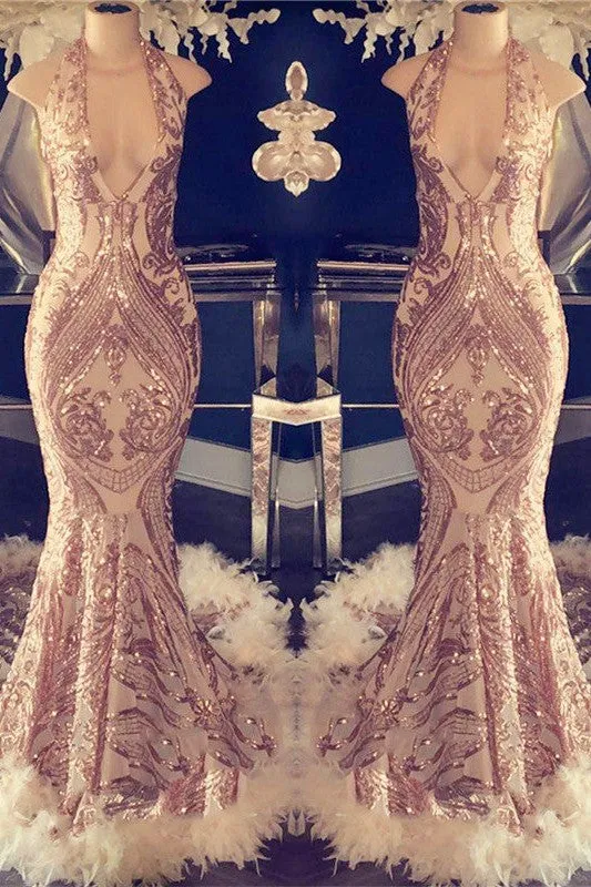 Sexy V-neck Halter Mermaid Prom Dress Gold Sequins Long Backless