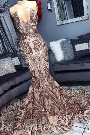 Sexy V-neck Sequins Sleeveless Mermaid Floor Length Prom Dresses