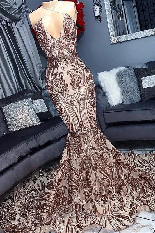 Sexy V-neck Sequins Sleeveless Mermaid Floor Length Prom Dresses