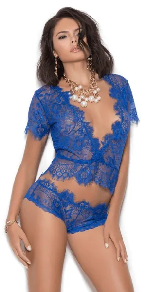 Sexy Work Eyelash Lace Short Sleeve Cami Top and Panty