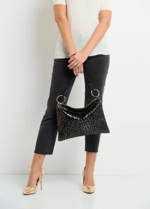 Shiny leopard print leather handbag