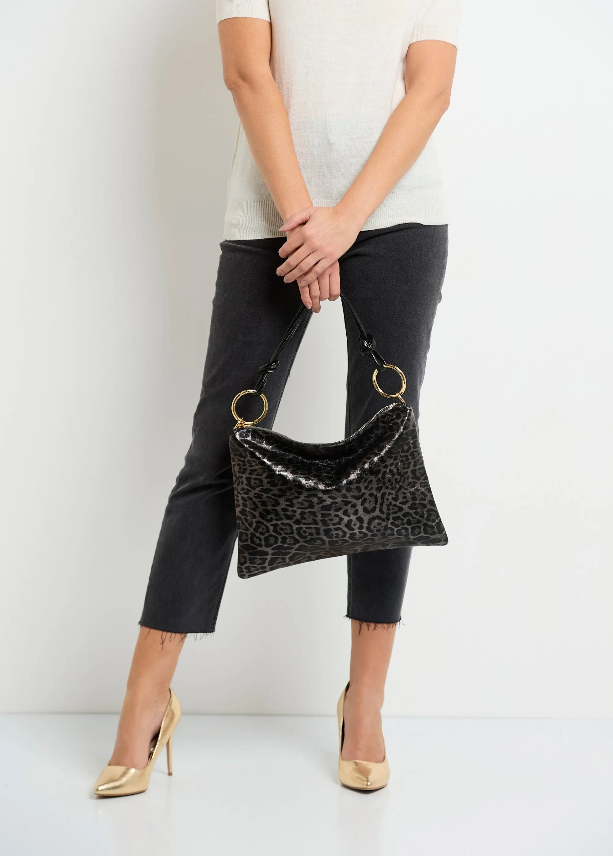 Shiny leopard print leather handbag