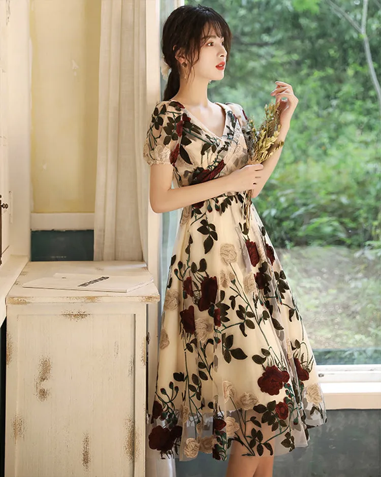Short Sleeve Embroidered Tulle A-line Dress