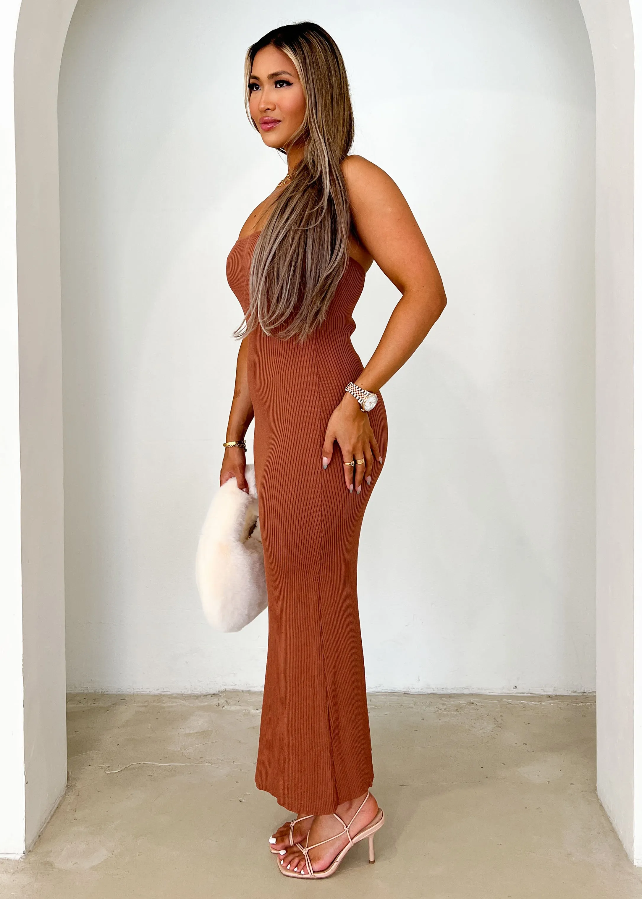 Siani Strapless Knit Midi Dress - Rust