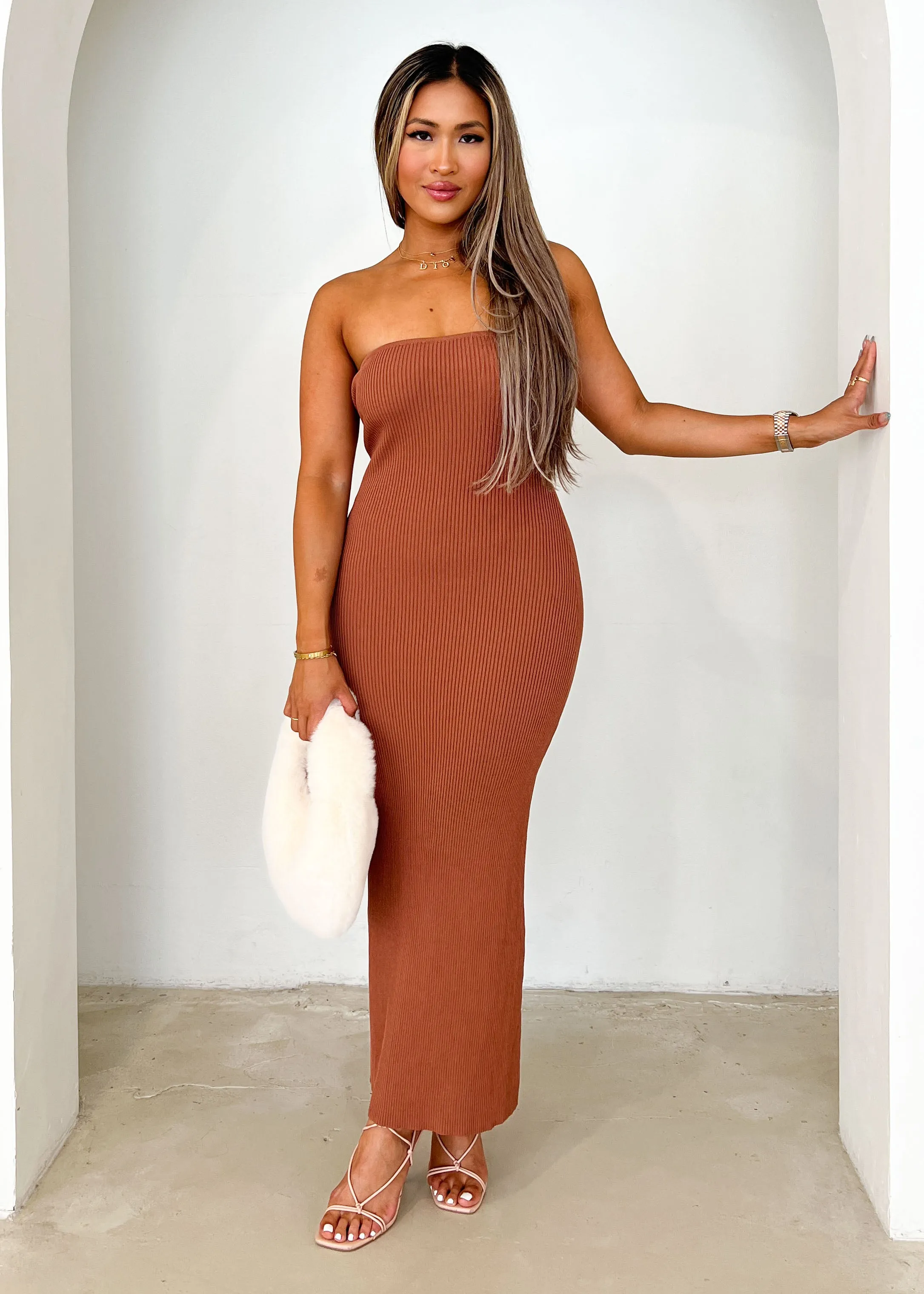 Siani Strapless Knit Midi Dress - Rust
